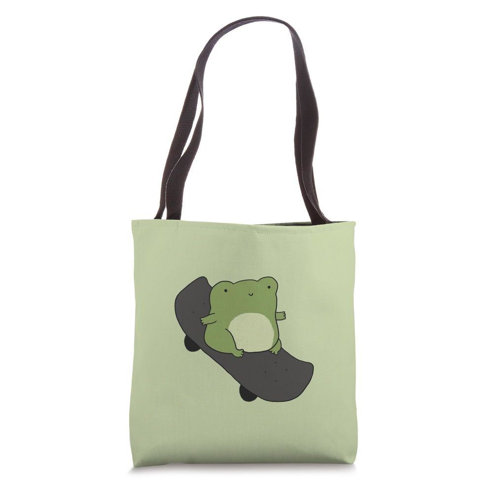 Cottagecore Aesthetics Cute Frog On Skateboard Tote Bag :[
